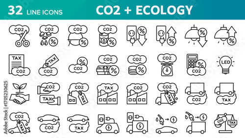A collection of 32 icons related to co2 and environmental protection.