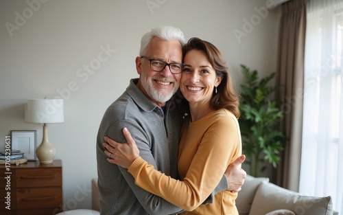 Happy smiling middle aged romantic affectionate couple mature older man and woman hugging standing at home together looking at camera enjoying bonding in modern house living room. Portrait.