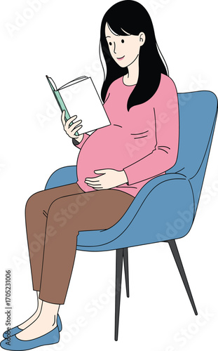 Pregnant woman studying, reading with pen, maternity education vector, prenatal care illustration, calm pregnancy moment, motherhood lifestyle clipart design
