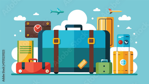Colorful travel gear and accessories arranged playfully against a bright sky with clouds