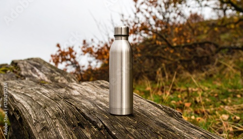 Stainless Steel Water Bottle on Rustic Wooden Log Outdoors in Autumn