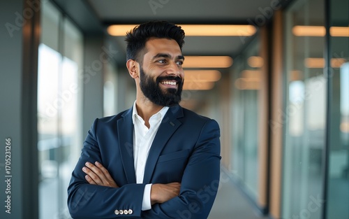 Happy bearded Indian business man leader looking away standing in office hallway. Professional smiling businessman manager executive or male employee or entrepreneur thinking of future success.