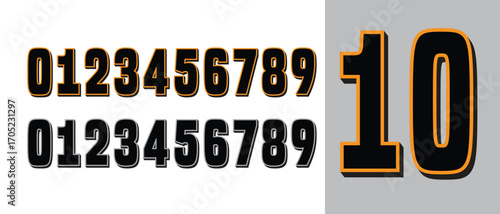 Modern Jersey number 10 and jersey number typography, Bold 3D yellow and black alphabet and numbers font set with modern shadow effect, perfect for headlines and graphic design