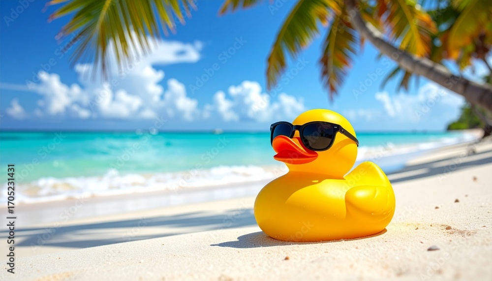 Obraz premium A yellow rubber duck in sunglasses lounges on a beach—palm trees, turquoise waves, and sun overhead. A whimsical metaphor for playful detachment and the choreography of curated leisure.