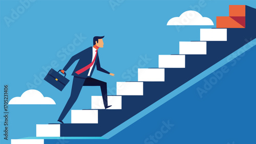Businessman climbing stairs to success in a vibrant blue sky with clouds and a hint of red at the top