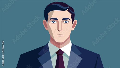 Stylized portrait of a man in formal attire against a solid blue background