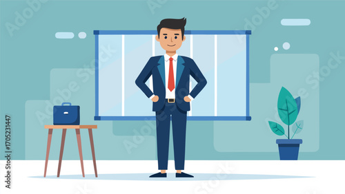 Businessman standing confidently in modern office with casual posture and professional attire