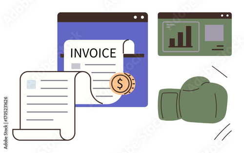 Invoice with currency coin, financial chart screens, and boxing glove emphasizing fiscal struggles and strategy. Ideal for business, analytics, finance, conflict resolution, competition, budgeting
