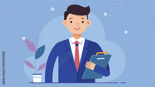 Professional man in a suit holding a clipboard with a plant in an office setting during daytime