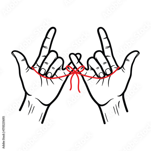 Two hands with fingers crossed connected by a red string tied in a bow crossed fingers