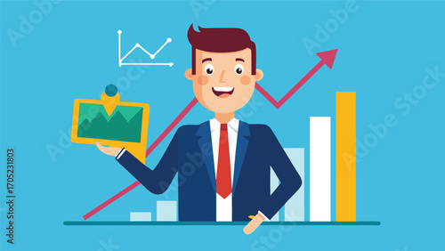 Business professional presenting success with charts and graphs in a cheerful and engaging manner