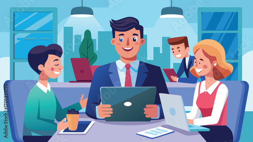 Business meeting in a modern office with team members engaged in discussion and collaboration
