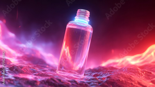 Cyberpunk Transparent Glass Bottle in Neon Glow, Futuristic Sci-Fi Surreal Scene, Luminescent Liquid Container