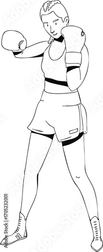 A woman at a boxing or kickboxing training session. Vector illustration. Black and white sketch.