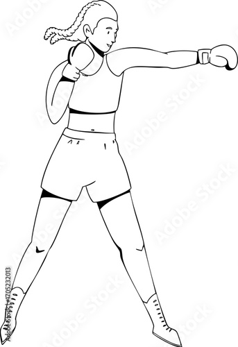 A woman at a boxing or kickboxing training session. Vector illustration. Black and white sketch.