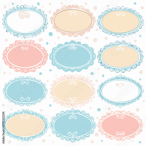 Cute wavy lace and pearl wedding frames. Vector hand drawn oval vintage border set. 