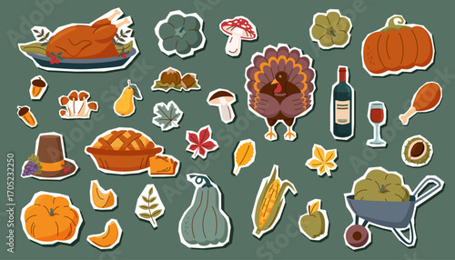 Set of Thanksgiving elements cliparts isolated. Thanksgiving and harvest concept. Vector flat objects.