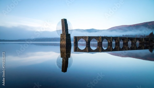 Stone Arches Reflecting in Calm Lake Water at Dawn