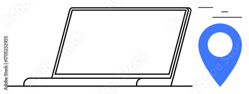 Open laptop next to a blue map pointer, highlighting navigation, remote work, online tools, and digital communication. Ideal for technology, tracking, e-learning, travel mobility app promotion