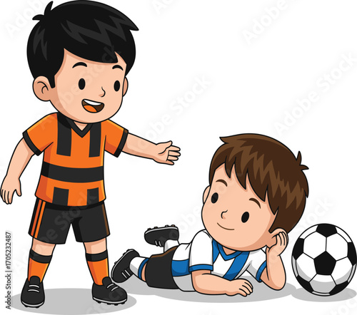 Soccer boys cartoon, playful interaction scene, striped uniforms illustration, youth sports character set, friendly moment, game field vector