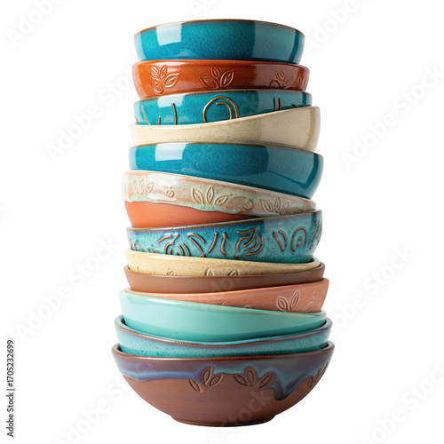 A tall stack of vibrant, handcrafted ceramic bowls in various earthy colors and embossed patterns. Ideal for kitchen decor or tableware concepts.