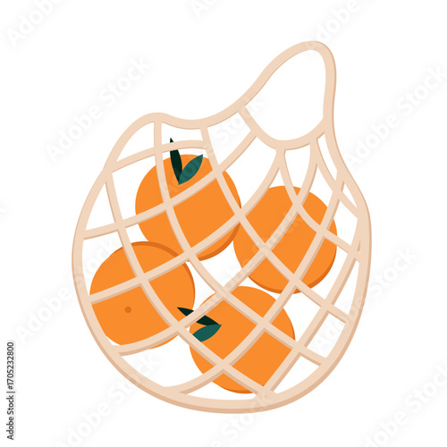 Vector illustration of eco mesh bag with fresh oranges, organic citrus fruit design. Healthy tropical food artwork, reusable shopping grocery bag isolated on white background