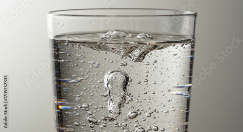 Close-up of sparkling water with bubbles in a glass  