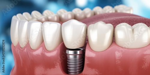 Dental Implant: A detailed dental rendering showcases a single, immaculate dental implant, replacing a missing tooth, illustrating modern dentistry and oral health.