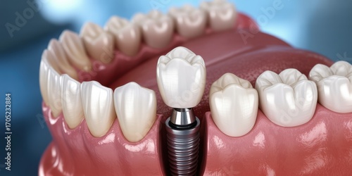 Dental Implant and Crown: A detailed view showcases a dental implant procedure, with a single crown meticulously placed among healthy teeth, presenting a bright, hygienic smile.
