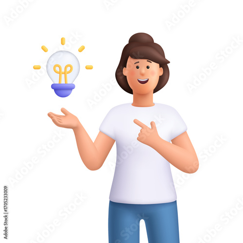 Young smiling woman Jane pointing at light bulb. New idea, creativity, inspiration, problem solving, brainstorming and startup concept. 3d vector people character. Cartoon minimal style.