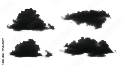 Four dark abstract cloud shapes in silhouette