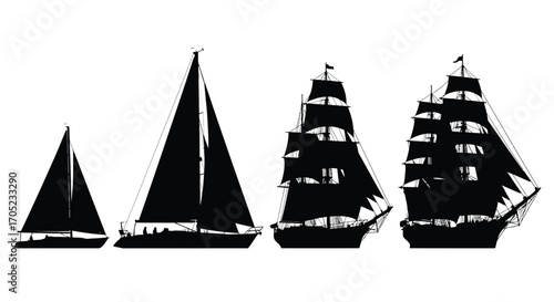Four distinct sailboat silhouettes showing different eras of sailing vessels silhouette