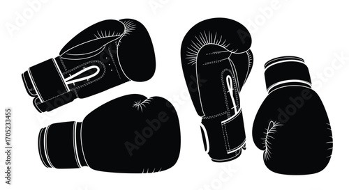 Four black boxing gloves in a silhouette arrangement