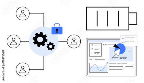 Gear icons linked to team members highlighting secure integration, accompanied by a dashboard with charts and a battery icon. Ideal for teamwork, security, solution, energy, management, efficiency