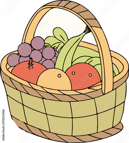 Decorative vector illustration of assorted fruits arranged in a traditional basket, designed in a colorful flat style