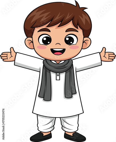 South Asian boy cartoon, traditional kurta pajama illustration, cheerful character vector, cultural attire design, welcoming gesture educational asset