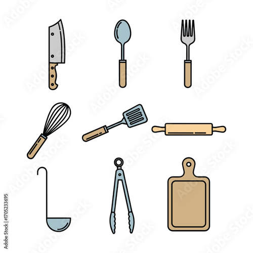 Collection of flat design kitchen utensils including a cleaver spoon fork whisk spatula rolling pin ladle tongs and cutting board