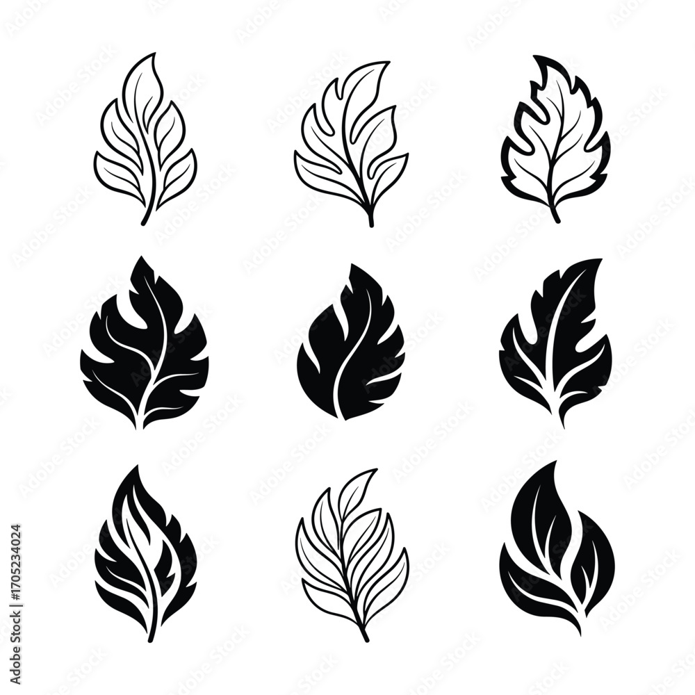 Fototapeta premium Nine Black and White Leaf Icons and Silhouettes nature