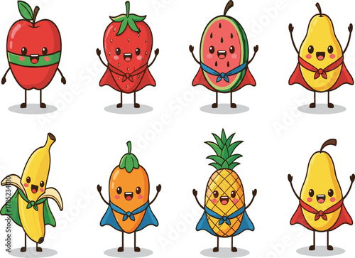 Superhero fruit vector set, cartoon healthy food characters, apple banana mango strawberry pear pineapple watermelon clipart, fun nutrition design