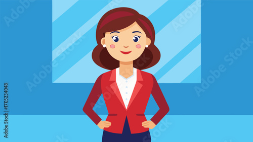 Confident businesswoman stands with hands on hips in modern office environment during daytime