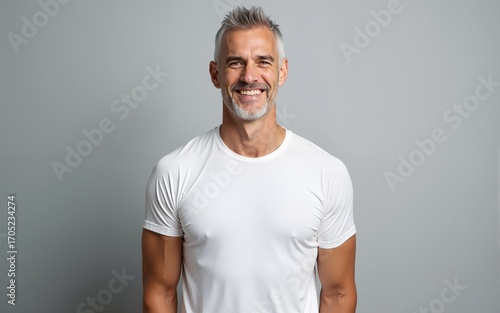Happy confident handsome fit sporty healthy mature older man, middle aged sportsman athlete or personal trainer wearing white t-shirt standing isolated on gray background advertising gym. Portrait