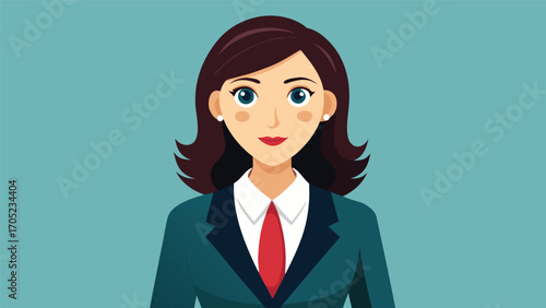 Professional woman in suit stands confidently against a solid background while showcasing a friendly demeanor
