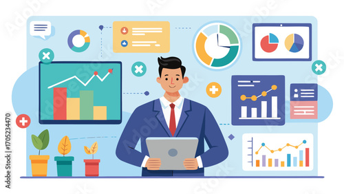 Business professional analyzing data trends with charts and graphs in a modern office setting