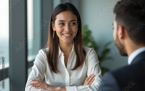Busy confident business woman professional bank manager lawyer attorney consulting client on finances management. Female executive speaking to colleague working at office corporate meeting. Vertical.
