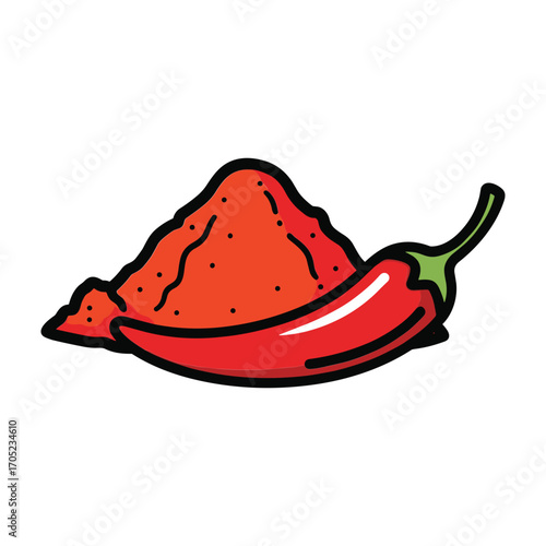 Red chili pepper and pile of red chili powder illustration spice seasoning