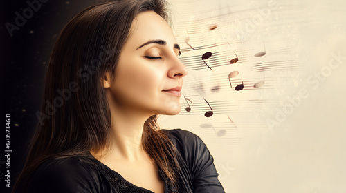 An artistic representation of a woman experiencing music, with notes flowing around her, symbolizing harmony and inspiration