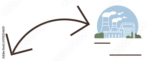 Factory with chimneys emitting smoke, two curved arrows symbolizing flow and transformation. Ideal for process, transformation, industry, sustainability, energy, production logistics. Simple flat
