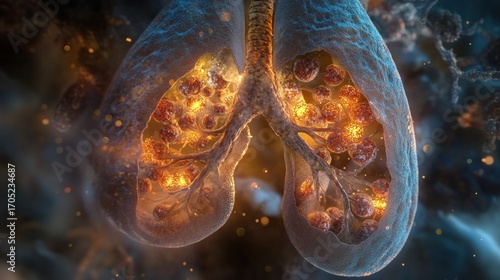Artistic depiction of damaged lungs with internal spheres and fiery glow, anatomical concept