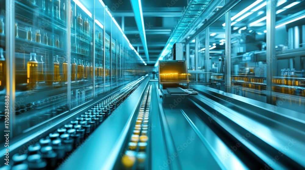 Fototapeta premium Bottled liquid on a production line, futuristic, bright lighting, focus on conveyor belt
