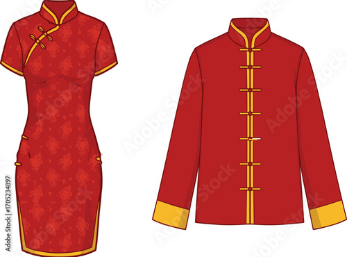 Traditional Chinese clothing illustration, red cheongsam and changshan outfit, festive fashion design, cultural garment vector, Lunar New Year celebration style